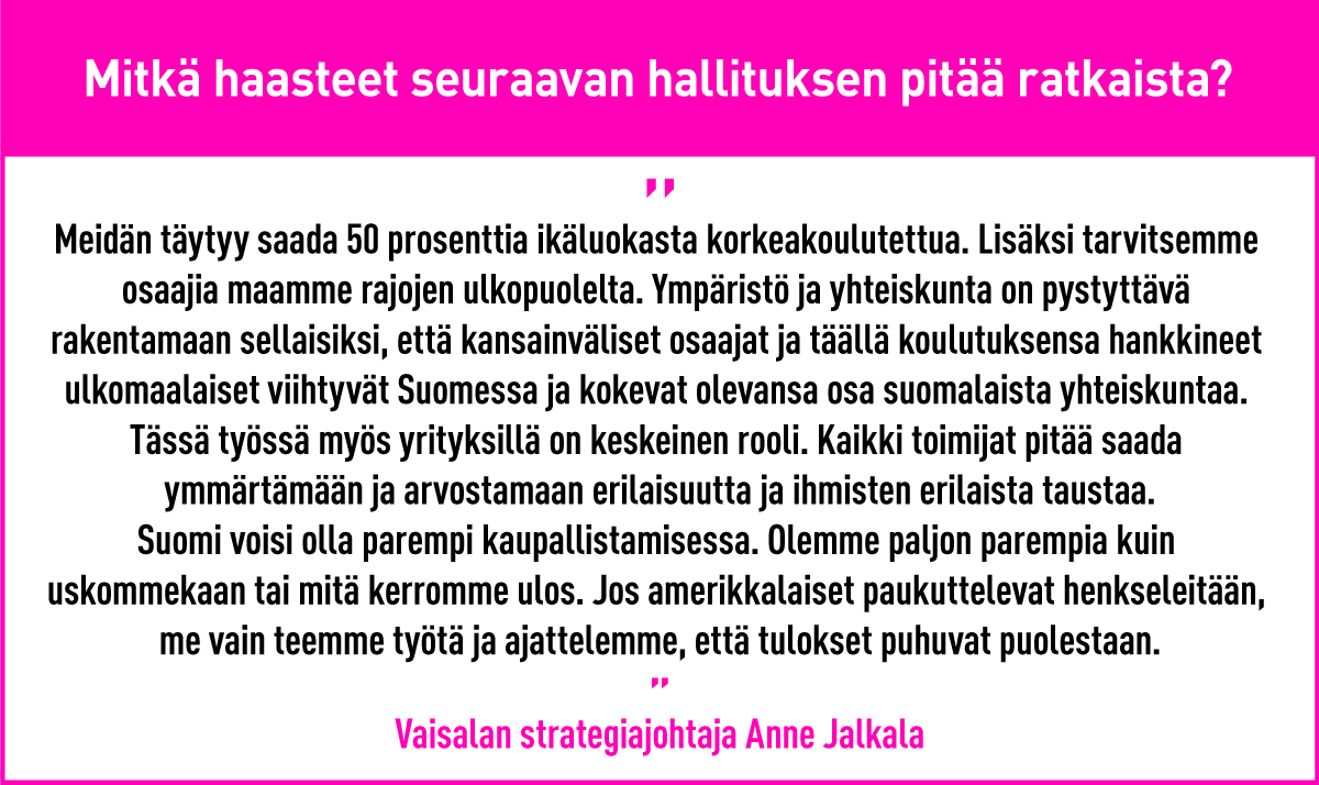 Vaisalan strategiajohtaja Anne Jalkalan sitaatti, infograafi.
